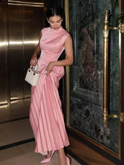 Fashion Solid Irregular Pleated Maxi Dress