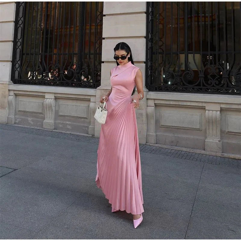 Fashion Solid Irregular Pleated Maxi Dress