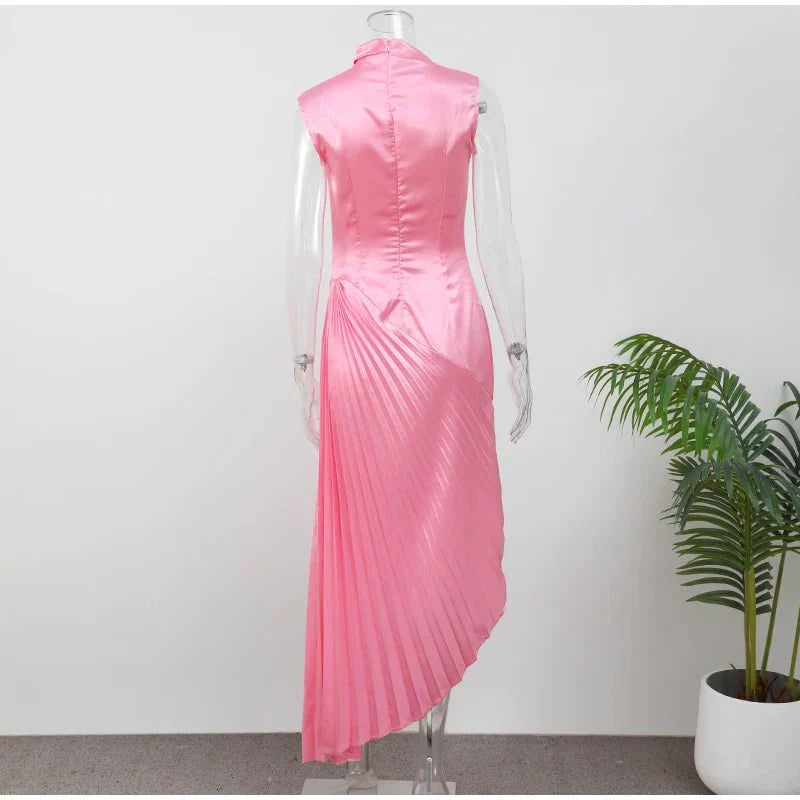 Fashion Solid Irregular Pleated Maxi Dress
