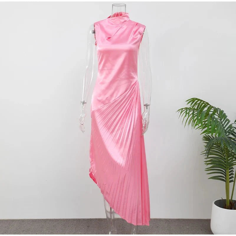 Fashion Solid Irregular Pleated Maxi Dress