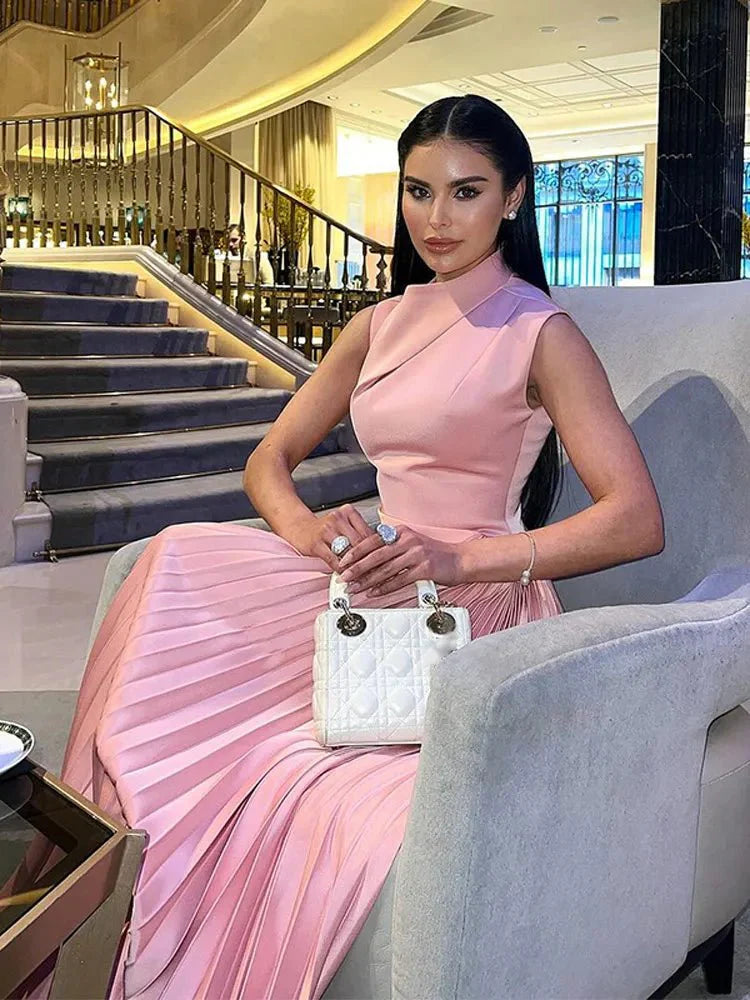 Fashion Solid Irregular Pleated Maxi Dress