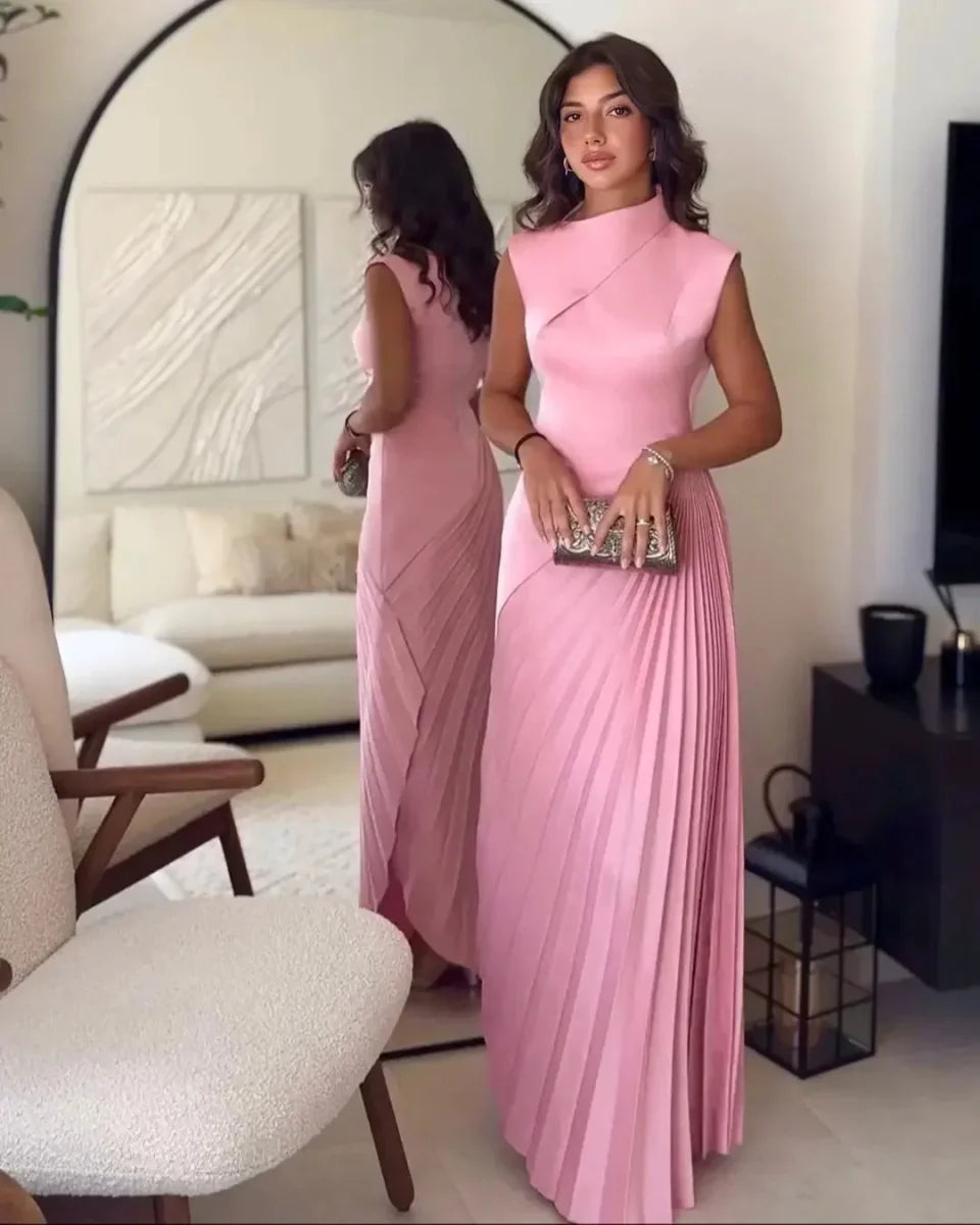 Fashion Solid Irregular Pleated Maxi Dress