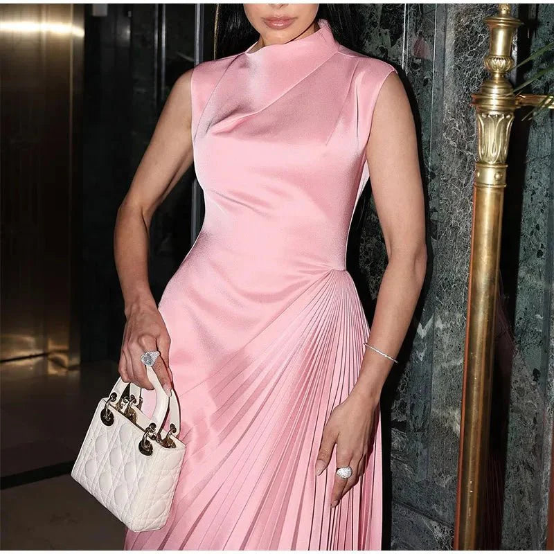 Fashion Solid Irregular Pleated Maxi Dress