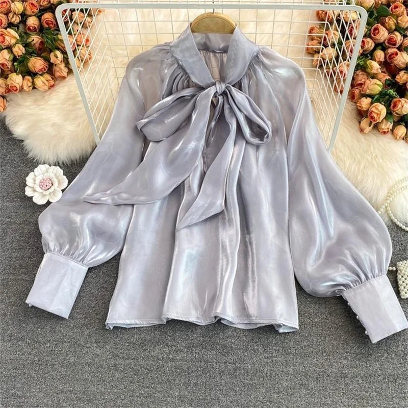Pydshop Women Blouses Shirts 2024 Summer Chiffon See Throught Office Ladies Blouse Fashion Puff Sleeve Lace Up Shirts Tops BlackChristmas Gifts