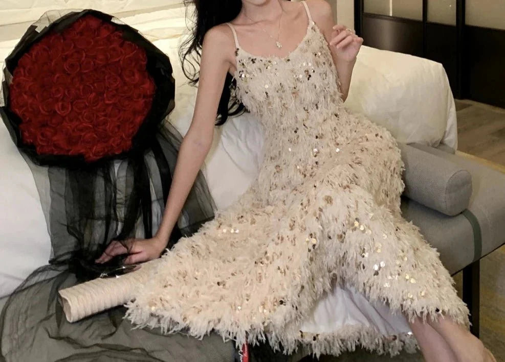 Feather Gold Sequin Backless Birthday Evening Party Dress