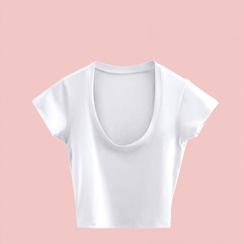 Pydshop 2024 Summer Slim T-Shirt Women Sexy Short Sleeve T Shirt U-Neck Gray Tee Female Solid Basic Black/White Korean Crop Tops Hot Y2k