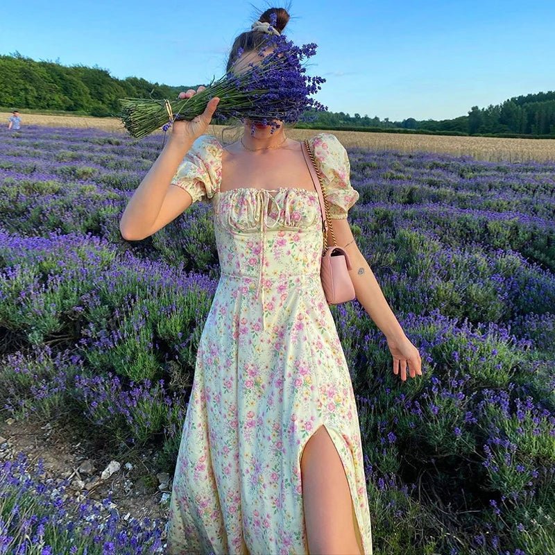 Floral Lace-Up A-Line Puff Sleeve Midi Dress