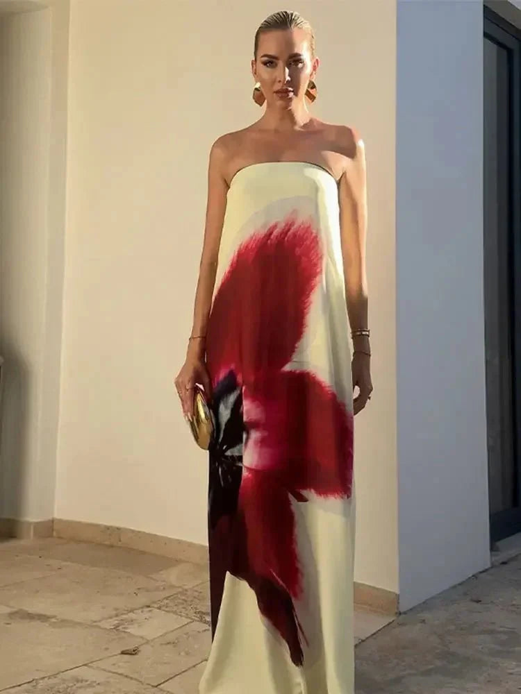 Floral Printed Strapless Loose Dress