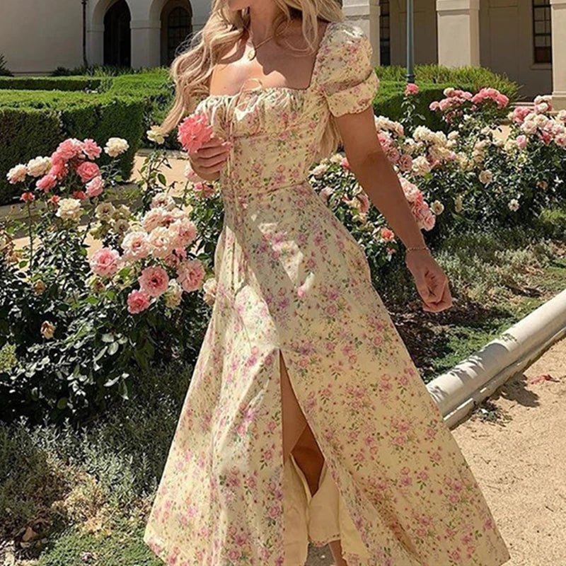 Floral Puff Sleeve Split A-Line Summer Dress