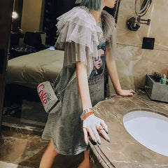 French Vintage Mesh Splicing Graphic T-shirt Dresses