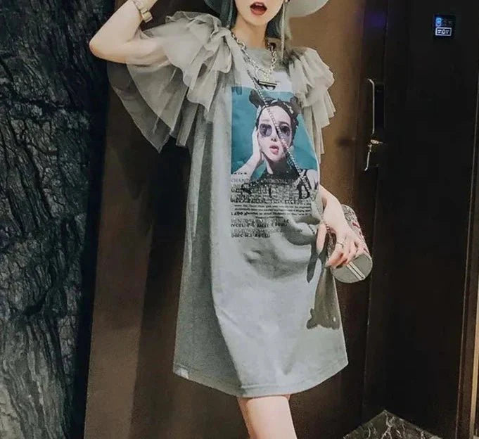 French Vintage Mesh Splicing Graphic T-shirt Dresses