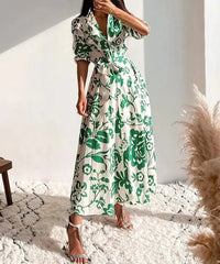 Green Floral Printed Belted Vintage Dress