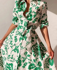 Green Floral Printed Belted Vintage Dress