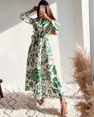 Green Floral Printed Belted Vintage Dress