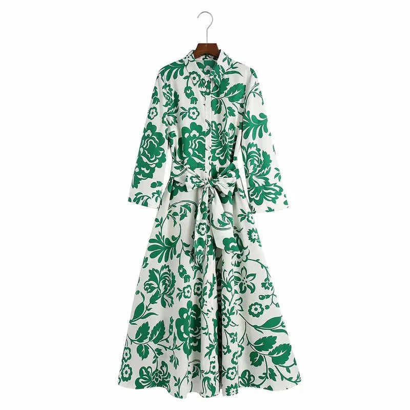 Green Floral Printed Belted Vintage Dress
