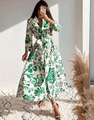 Green Floral Printed Belted Vintage Dress