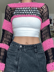 Pydshop Hollow Out Striped Long Sleeve Bolero Knit Top