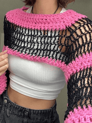Pydshop Hollow Out Striped Long Sleeve Bolero Knit Top