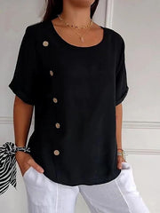 Cotton and Linen Round Neck Elbow Sleeve Button Top