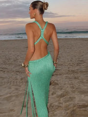 Knit Backless V-neck High Slit Dress