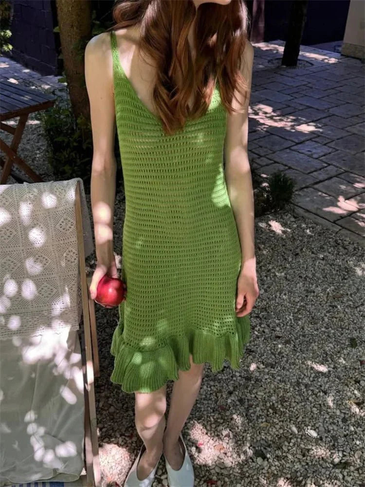 Knit Ruffled See-Through Mini Dress
