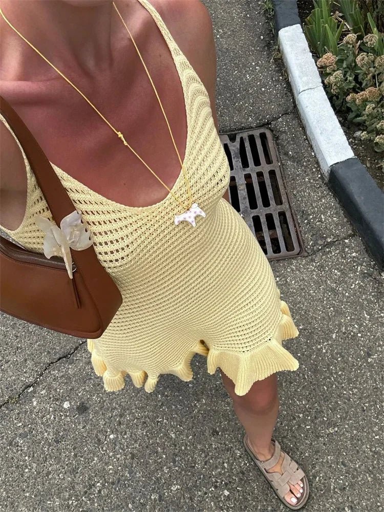 Knit Ruffled See-Through Mini Dress