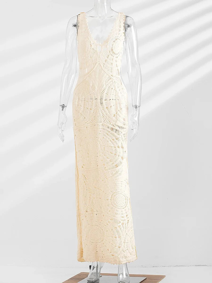 Knitted Crochet Female V Neck Sleeveless Beach Vacation Dresses