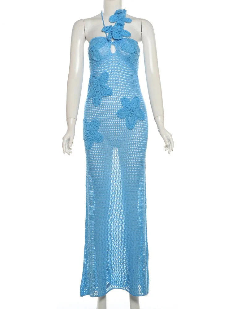 Knitted Floral Patchwork Halter Maxi Dress