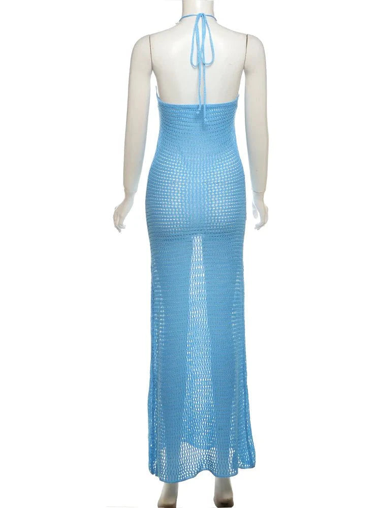 Knitted Floral Patchwork Halter Maxi Dress