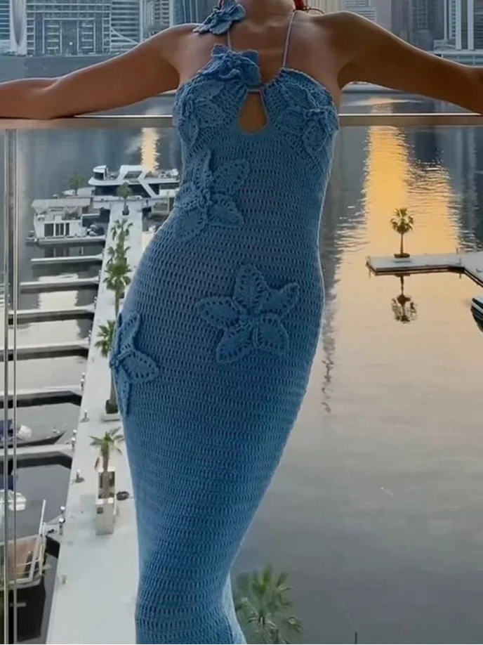 Knitted Floral Patchwork Halter Maxi Dress