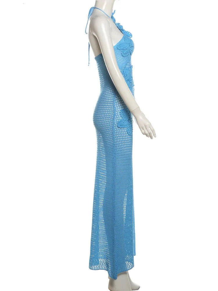 Knitted Floral Patchwork Halter Maxi Dress