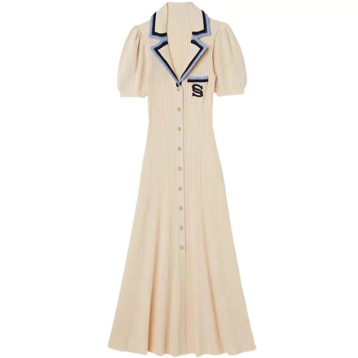 Knitted Turn-down Collar Embroidery Long Shirt Dress
