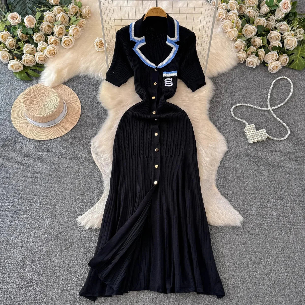 Knitted Turn-down Collar Embroidery Long Shirt Dress