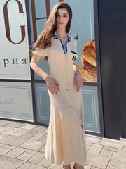 Knitted Turn-down Collar Embroidery Long Shirt Dress
