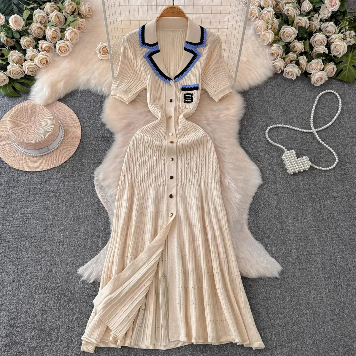 Knitted Turn-down Collar Embroidery Long Shirt Dress