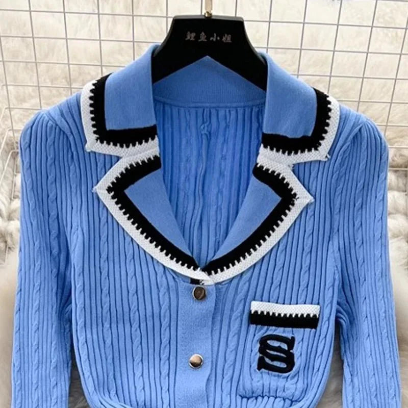 Knitted Turn-down Collar Embroidery Long Shirt Dress