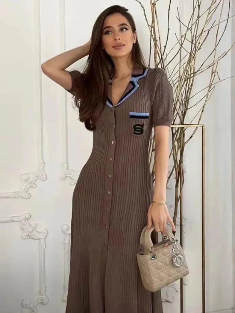 Knitted Turn-down Collar Embroidery Long Shirt Dress