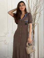 Knitted Turn-down Collar Embroidery Long Shirt Dress