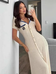 Knitted Turn-down Collar Embroidery Long Shirt Dress