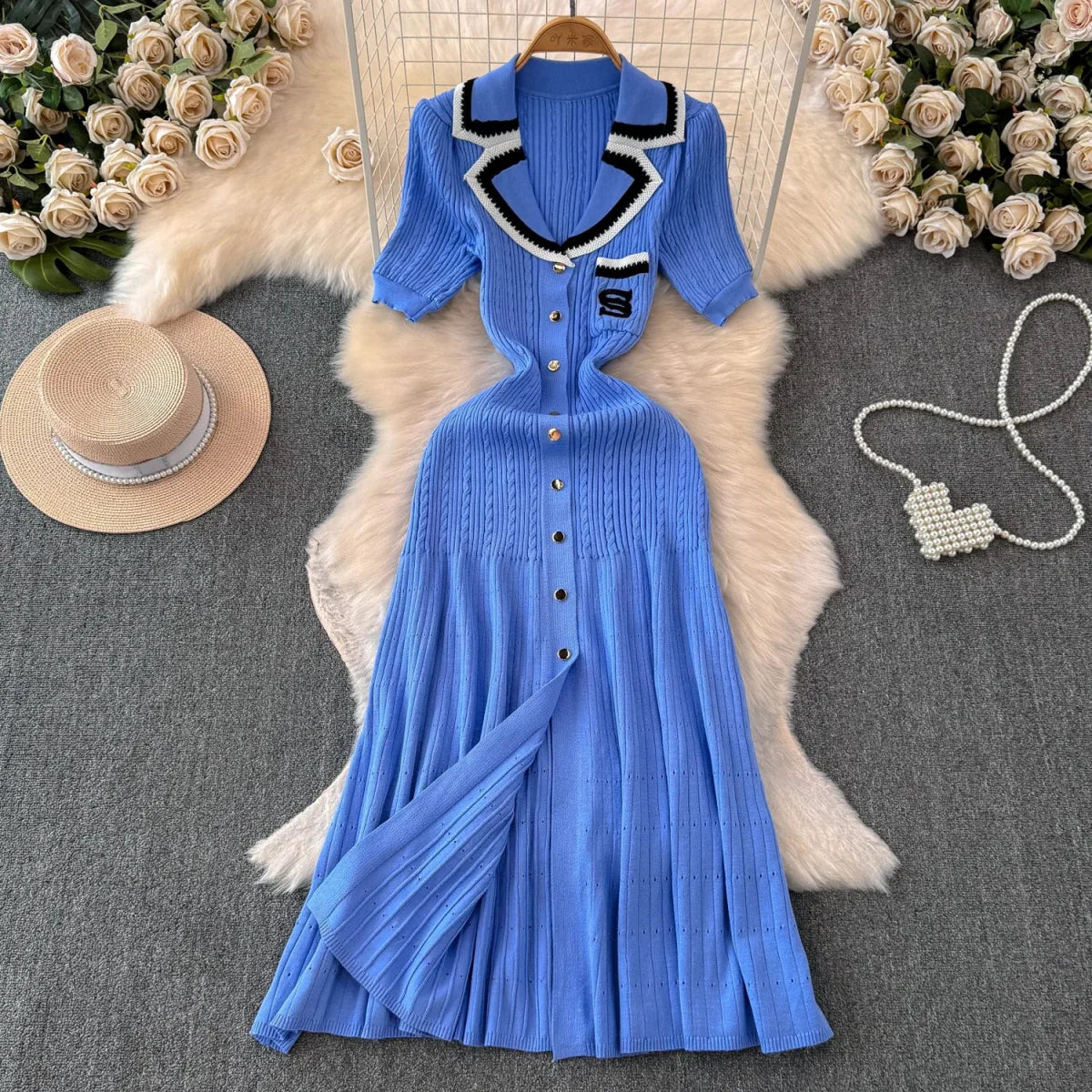Knitted Turn-down Collar Embroidery Long Shirt Dress