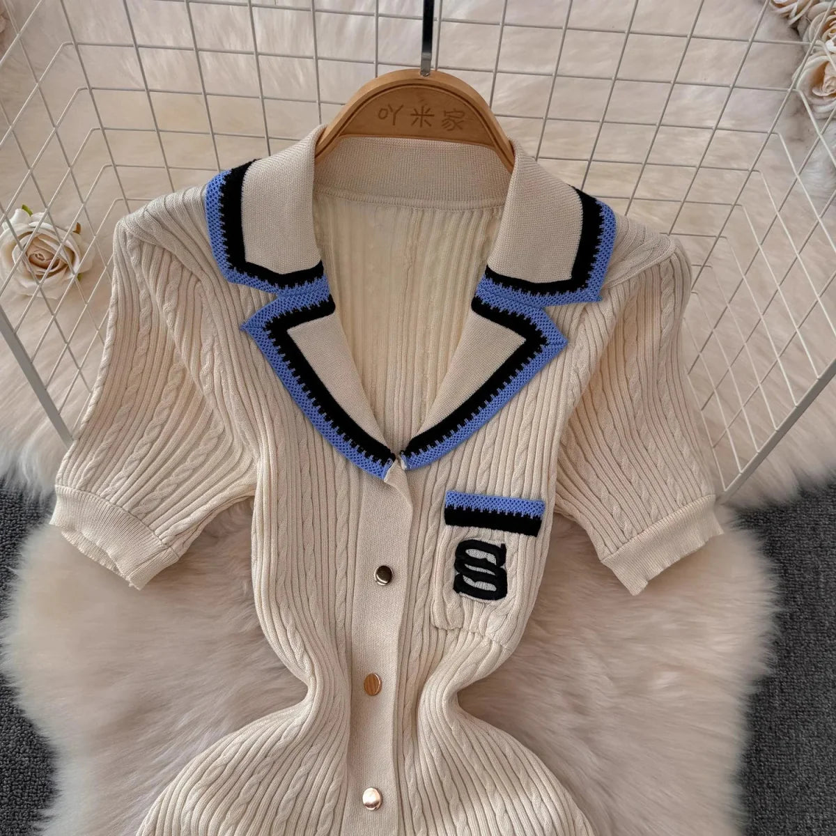 Knitted Turn-down Collar Embroidery Long Shirt Dress