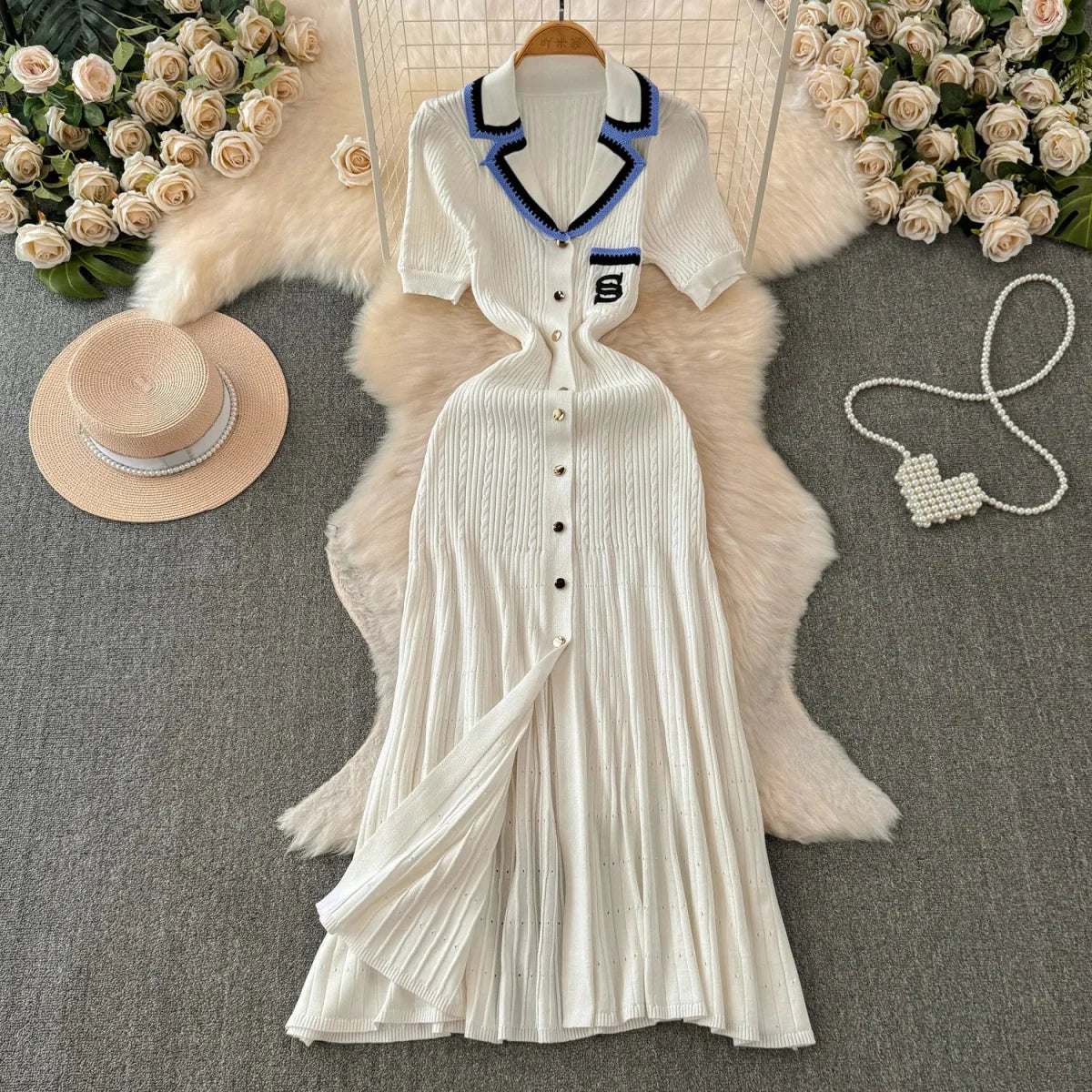 Knitted Turn-down Collar Embroidery Long Shirt Dress