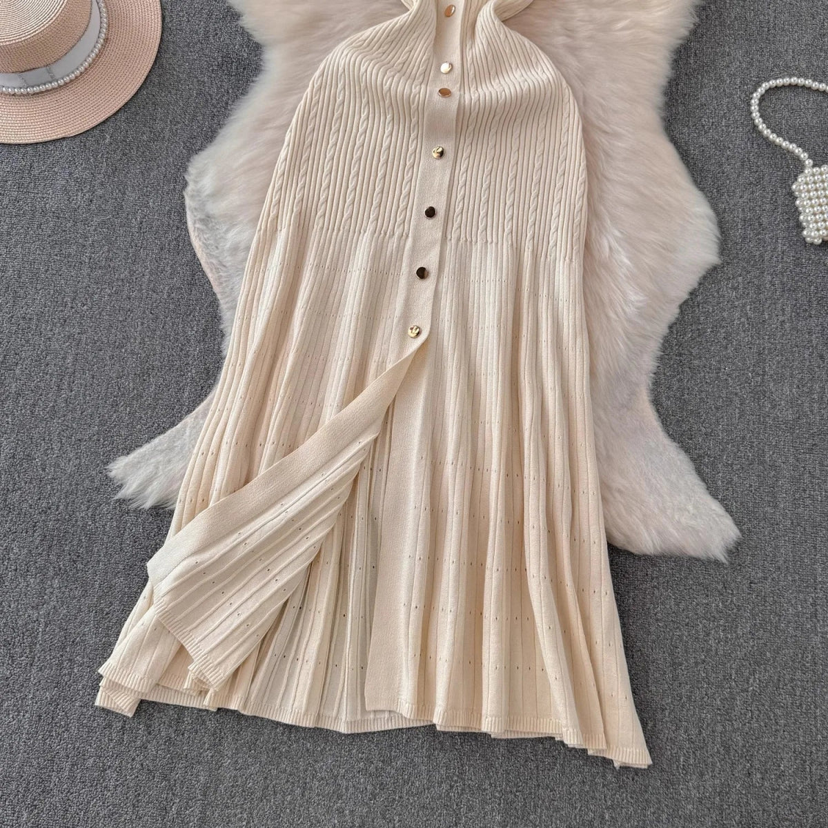 Knitted Turn-down Collar Embroidery Long Shirt Dress