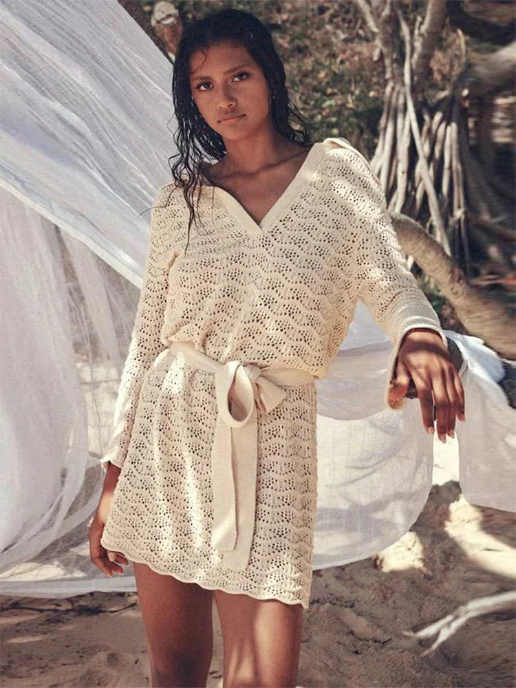 Knitted V-Neck Beach Mini Dress