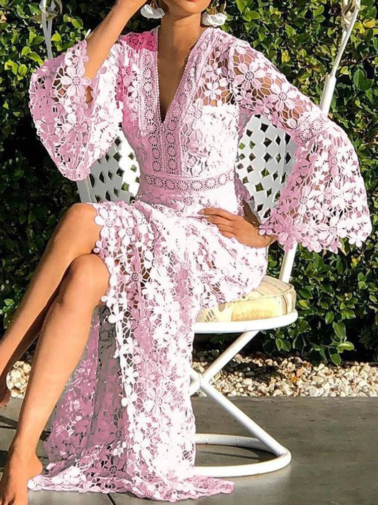 Lace Long Dress Women Elegant White Flare Sleeve Dress