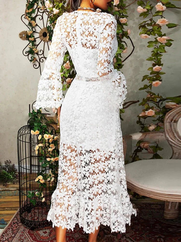 Lace Long Dress Women Elegant White Flare Sleeve Dress
