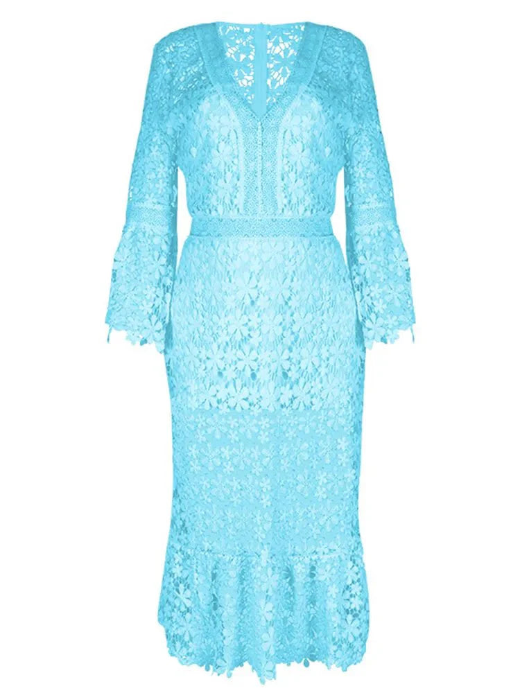 Lace Long Dress Women Elegant White Flare Sleeve Dress
