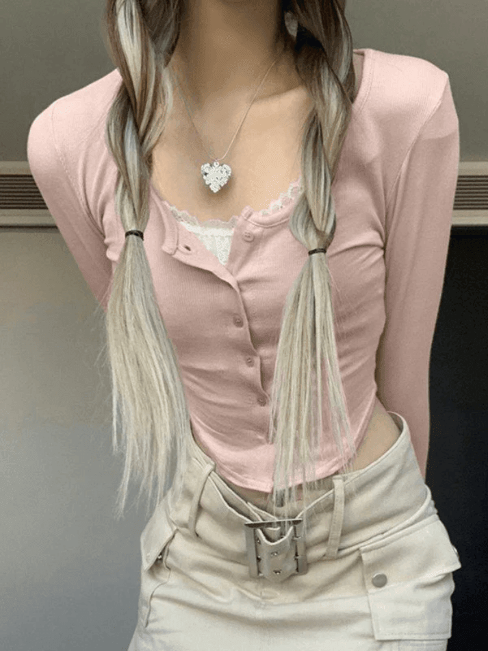 Pydshop Lace Patchwork Pink Knit Crop Top