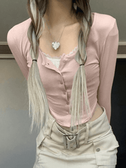 Pydshop Lace Patchwork Pink Knit Crop Top