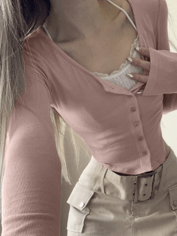 Pydshop Lace Patchwork Pink Knit Crop Top